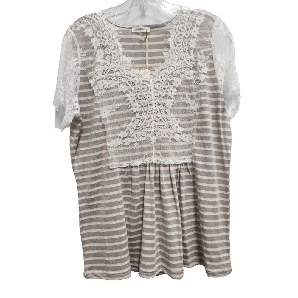 Andthewhy Womens BOHO Fairy Tunic‎ Top Large Gray Cream Striped Lace NEW